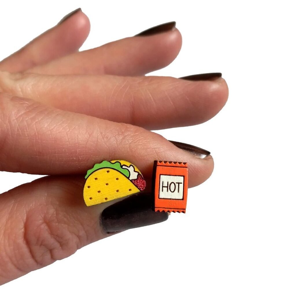 Funny Food Jewelry: Taco & Hot Sauce Mismatch Wood Stud Earrings, Hypoallergenic